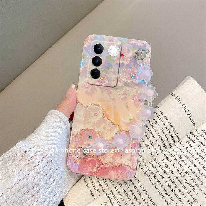 phone-case-เคส-vivo-v27e-v27-pro-5g-y02a-วินเทจพรีเมี่ยมบลูเรย์เคสโทรศัพท์ภาพดอกไม้ภาพสีน้ำมันปกนุ่มพร้อมสร้อยข้อมือ2023