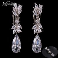 Fashion Leaf Zircon Clips Earrings for Women Silver Color Drop Water Clip Earings Long Crystal Wedding Ear Cuff Jewelry Gifts