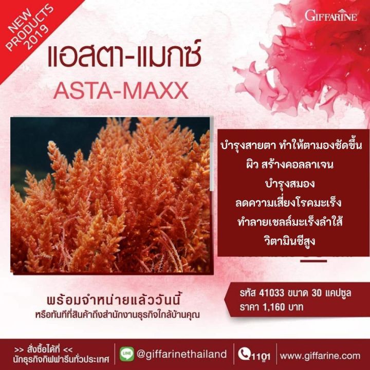 ส่งฟรี-อาหารเสริม-กิฟฟารีน-แอสตา-แมกซ์-จาก-สาหร่าย-สีแดง-astaxanthin-30-แคปซูล-vitamin-วิตามิน-ซี-วิตามินอี-อาหารเสริมสตรี-giffarine-กิฟฟารีน-ของแท้