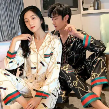 Couple Silk Sleepwear Pikachu Long Sleeve Long Pants Pajamas