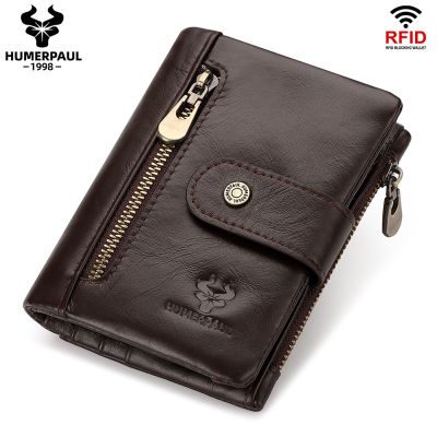 HUMERPAUL GenuineLeather Wallet with Card Holder for Men Small Hasp Zipper Coin Pocket Slim Male ID Window Purse High Quality