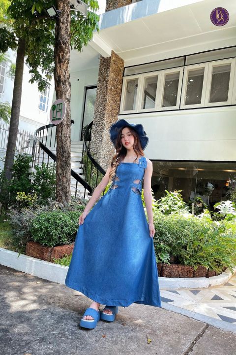 denim-land-dress-เดรสยีนส์กระโปรงยาว-เดรสยีนส์เบสิค-เดรสยีนส์เเต่งเว้าเอว