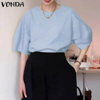 VONDA เสื้อเบลาส์แขนพองสำหรับสาวออฟฟิศแบบลำลองสีพื้นเสื้อยืดคอกลม