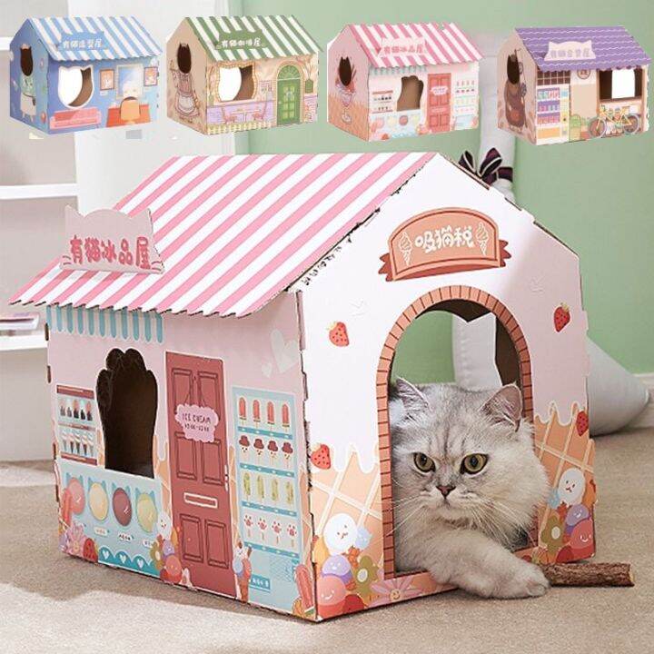 bhq-pet-codบ้านแมว-บ้านลับเล็บแมว-กล่องลับเล็บรูปบ้าน-พร้อมแผ่นลับเล็บ-สามารถซ้อนเป็นคอนโด-กล่องลับเล็บแมว-บ้านสัตว์เลี้ยง