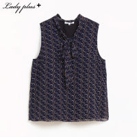 Lady Plus เสื้อชีฟองคอผูกโบว์แขนกุดลายห่วง | Sleeveless Blouse with Bow Collar สีกรมท่า