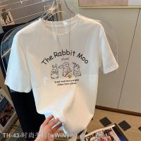 □ Summer rabbit white t-shirt womens half-sleeve 2023 new style right shoulder slim short-sleeved loose pure cotton thin top trendy