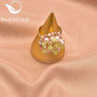 XlentAg Handmade Natural Freshwater White Small Pearl Light Green Gemstone Flower Ring Wedding Girl Party Fashion Jewelry GR0273