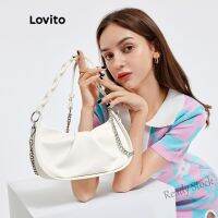 【Ready Stock】 ♨✟♦ C23 Lovito Casual Plain Soft Pu Leather Double Chains Pleated Bags L244BA05 (Light Blue/White)