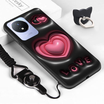 GGK เคสสำหรับ Vivo โทรศัพท์ดีไซน์แหวนใส่นิ้ว Y02A,เคสโทรศัพท์ป้องกัน TPU ซิลิโคนกันกระแทกลายการ์ตูนรูปหัวใจความรักแบบสามมิติ