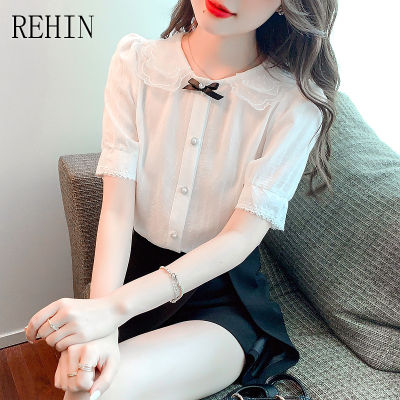 REHIN เสื้อเชิ้ตแขนพองสำหรับผู้หญิง,เสื้อเชิ้ตแขนสั้นผ้าชีฟองคอตุ๊กตาแสนหวานสำหรับฤดูร้อนสไตล์เกาหลีแบบใหม่