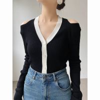 【HOT】 ins autumn careful thinking V-neck off-the-shoulder knitted sweater womens hollowed out short cardigan bottoming top women