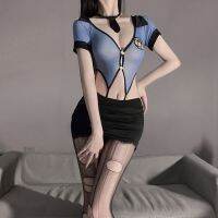 NEW Sexy Police Women Office Lady Cosplay Costume Attendant Blue See-Through Bodysuit and Black Skirt Erotic Lingerie