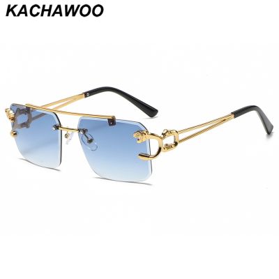 Kachawoo double bridge rimless sunglasses for men blue brown black metal square women sun glasses fashion European style travel