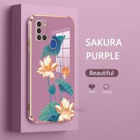 เคสด้านหลังดอกบัวหลากสีดีไซน์ใหม่เคสโทรศัพท์ปลอกสำหรับ Samsung Galaxy เคสนิ่มเคลือบอิเล็คโทรเพลทซิลิโคน TPU กล่องกันกระแทก A21s ของ Samsung พร้อมที่ฟรีสายคล้อง