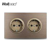 Wallpad L6 Double EU Wall Socket Electrical Power Outlet Schuko Brown Brushed Aluminum Panel 146 * 86mm  Wires Leads Adapters