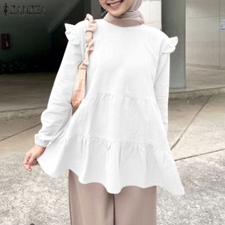 สินค้ามาใหม่-จัดส่งฟรี-fancystyle-zanzea-แขนยาวมุสลิมสำหรับผู้หญิงเสื้อเสื้อยืดคอกลมแบบสวมหัวมีหลายชั้น
