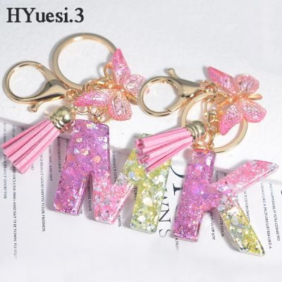 Bling Gradient Sequin Filled Letters Keychain Cute Pink Butterfly Tassel A-Z 26 Initials Keyring For Car Keys Purse Decoration Key Chains