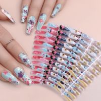 24pcs Flowers Leaves Nail False Tips Full Cover Coffin Wearable Artificial False Nail Sunflower Sakura Summer Decor Tool SACSH24