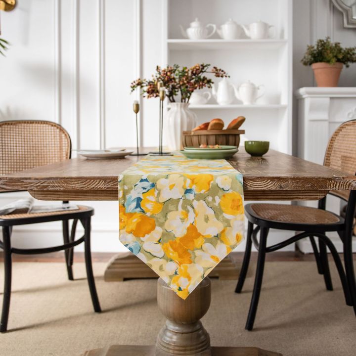 ผ้าปูโต๊ะยาวแบบเรียบง่ายลายดอกไม้สีเหลืองผ้าคลุมโต๊ะผ้าปูธงตารางโต๊ะสำหรับใส่ทีวี