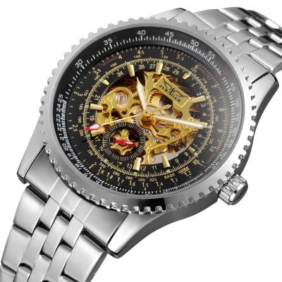 Jaragar Brand Military Auto Mechanical Clock Men Full Stainless Steel Golden Skeleton Dial Blue Mirror Case Classic Wrist Watch