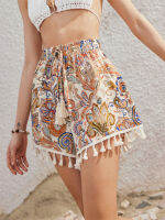 Cider กางเกงขาสั้นผู้หญิง กางเกงแฟชั่นผญ ลุควินเทจ สไตล์โบฮีเมียนMiddle Waist Paisley Tassel Wide Leg Shorts