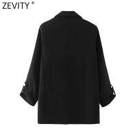 Zevity ผู้หญิงแฟชั่นหยักปกฟิตติ้งเสื้อเสื้อสำนักงานม้วนขึ้นกระเป๋าแขนหญิงเก๋เปิดเย็บท็อปส์ SW712