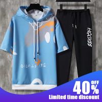 Pak Zweet Nieuwe Zomer Mannen ชุดมีฮู้ด Afdrukken Korte Mouw Tops + Broek Mannen Kleding Tweedelige Streetwear Trainingspak Mannen