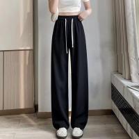 Women High Waist Ice Silk Long Pants Thin Straight Wide Leg Suit Trousers Elastic Waistband Drawstring Pants Streetwear