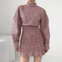 [EWQ] Korean Fashion Retro Plaid Stand Neck Long Sleeve Women New Slim Thin Fold Package Hip Mini A-line Dress Spring 2022 R1377