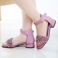 Fashion Girls Summer Sandals Children Korean High-heeled Rhinestone Princess Shoes 2023 New Kids Party Wedding Banquet Sandals