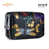 【CW】RFID Fashion Women Card Holder Split Leather Double Zipper Card Case Large Capacity 3D Flower Printed Lady Women Wallets Purse