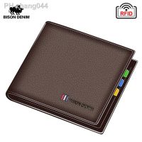 BISON DENIM 100 Cow Leather Small Wallet Men Bifold Credit Card Holder Wallet RFID Blocking Purse Best Gift Male Pocket Bag