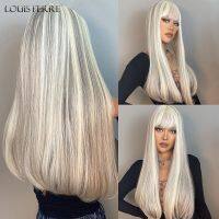 LOUIS FERRE Synthetic Long White Wigs with Bangs Cosplay Straight Wigs with Brown Highlight Natural Fake Hair for Black Women [ Hot sell ] Gktinoo Fashion