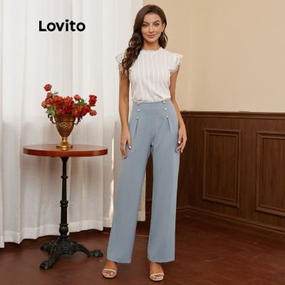 Lovito กางเกงผ้านุ่ม หรูหรา สีพื้น มีกระดุม ทรงพลีท ขากว้าง L17D115 (สีฟ้า)