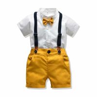 0-3Yrs Baby Boy Gentleman Formal Jumpsuits Infant Toddler Baby Suits Set Clothes White Shirt with Tie and Yellow Pants