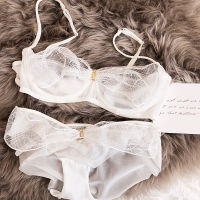 2021Transparent mesh lace half cup lingerie with underpants set ultra-thin gather bra briefs set sexy underwire wedding underwear