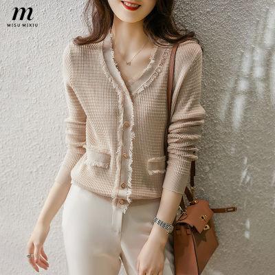 MISUMIXIU Spring and Autumn Woolen Tassel Knit Top Womens Design Sense Niche Style Elegant Temperament Sweater Ladies