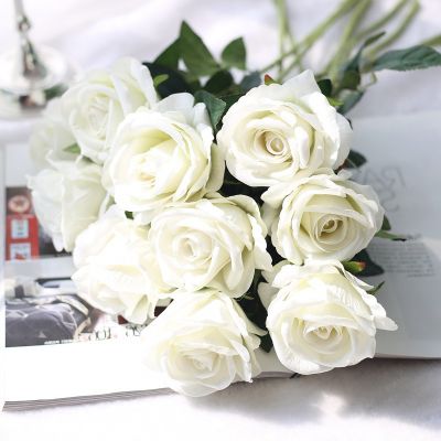 [AYIQ Flower Shop] 5ชิ้นยาว51ซม. ช่อดอกไม้ปลอมกุหลาบไหมขาวสวยงามประดิษฐ์ตกแต่งบ้านโต๊ะจัดดอกไม้ปลอม