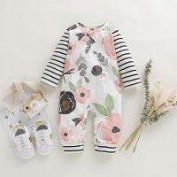 COD DSFERTEREERRE Newborn Baju Baby Girl Romper Cotton Floral Striped Long Sleeves Button Elastic Cuffed Trouser Feet Baby One Piece 0-12 Months