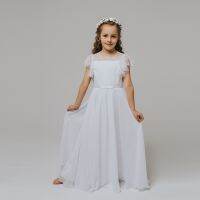 ZZOOI Summer Flower Girl Dress Lace Chiffon Princess Dress Birthday Party Short Sleeve Dresses for Girls White Long Skirt Kids Clothes