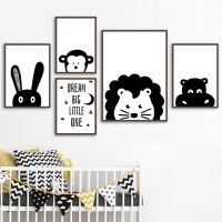 ℗❇✷ Singa Kelinci Kuda Nil Monyet Mimpi Seni Dinding Lukisan Kanvas โปสเตอร์ Nordic และ Cetakan Gambar Dinding Hitam Putih Dekorasi Kamar Anak-anak Bayi