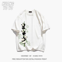 HUANGYOYO เสื้อยืดแขนสั้นสำหรับผู้หญิง100% ผ้าฝ้ายคอกลมการ์ตูนแพนด้าน่ารักสำหรับผู้หญิง