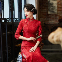 Sheng Coco Oriental China Red Lace Qipao Dresses Flowers Pattern Long Sleeve Improved Marry Cheongsam Qipao Dress Plus Size 4XL