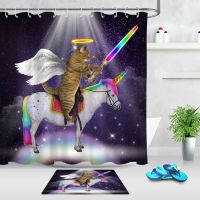 Angel Cat Unicorn Knight Waterproof Bathroom Fabric Shower Curtain Set Hooks