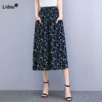 Spring Summer New Cotton Silk Wide Leg Seven Points Trousers Folk Printing Elastic High Waist Double Pockets Womens Pantskirt