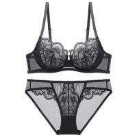 2023 Korean Lace Underwear Ultra-Thin Cup Transparent Bra Set Flowers Decoration Lingerie Comfortable Brassiere Low Waist Pantiesset