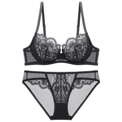 2023 Korean Lace Underwear Ultra-Thin Cup Transparent Bra Set Flowers Decoration Lingerie Comfortable Brassiere Low Waist Pantiesset