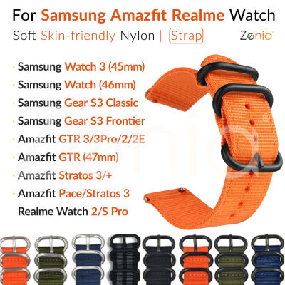 Zenia 22 มม. เปลี่ยนผิวนุ่มไนลอนกีฬาสายรัดข้อมือสำหรับนาฬิกา Samsung Galaxy Watch 3 45mm/46mm Gear S3 Classic/Frontier Neo Live R380/R381/R382 Amazfit GTR 47mm 2/2E GTR2 GTR3 Stratos Stratos+ 3 Pace Realme 2/S Pro อุปกรณ์เสริมนาฬิกาอัจฉริยะ
