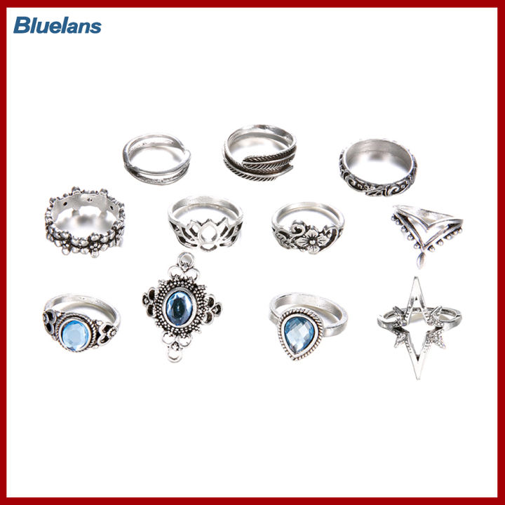 Bluelans®11ชิ้นพลอยเทียมกลวงย้อนยุคสำหรับผู้หญิงปลายนิ้วกลางงอนิ้วซ้อนแหวนเชื่อม