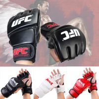 ถุงมือชกมวยหนา UFC MMA ถุงมือครึ่งตัวหนังเล่นกีฬาเทควันโดถุงมือกระสอบทรายสำหรับถุงมือแบบไทยอุปกรณ์ฝึกซ้อมระดับมืออาชีพ